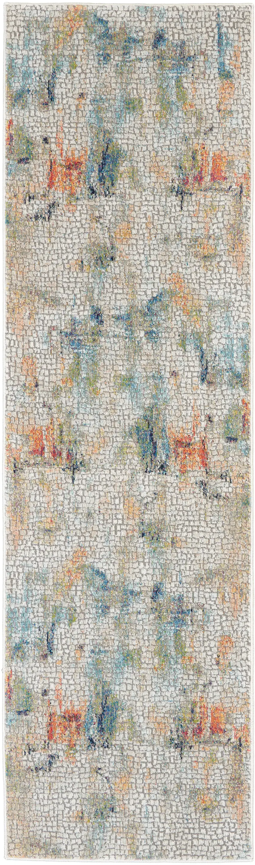 8' Ivory Blue and Gray Abstract Distressed Non Skid Runner Rug Photo 2