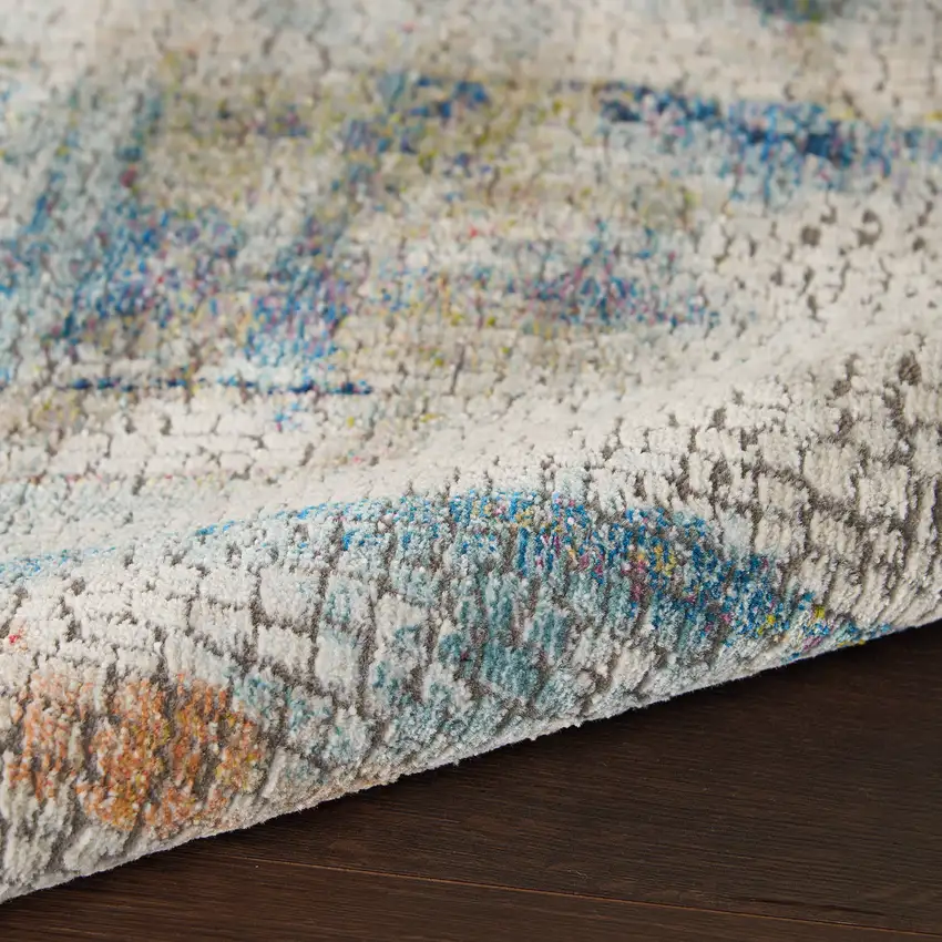 8' Ivory Blue and Gray Abstract Distressed Non Skid Runner Rug Photo 7