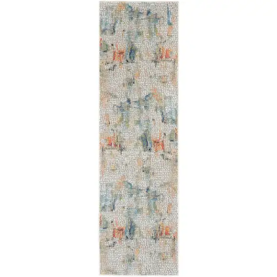 8' Ivory Blue and Gray Abstract Distressed Non Skid Runner Rug Photo 1