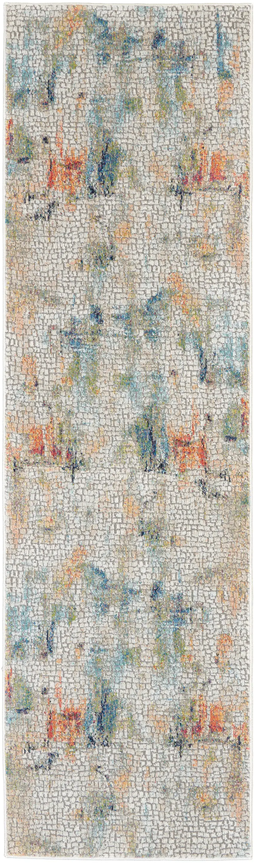 8' Ivory Blue and Gray Abstract Distressed Non Skid Runner Rug Photo 1