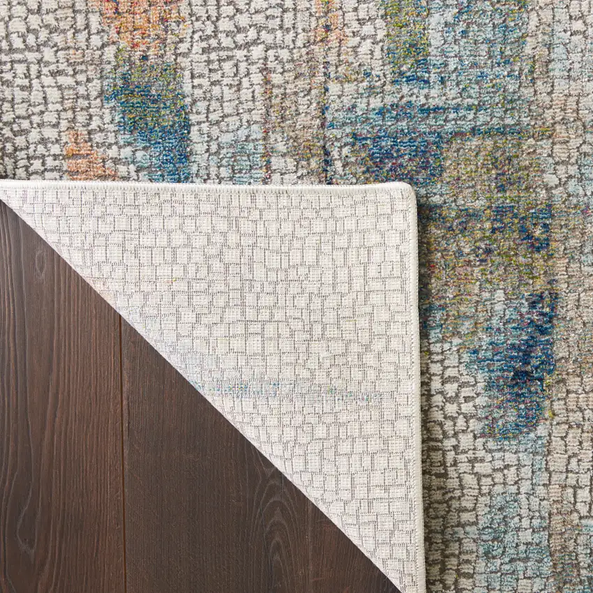 8' Ivory Blue and Gray Abstract Distressed Non Skid Runner Rug Photo 8