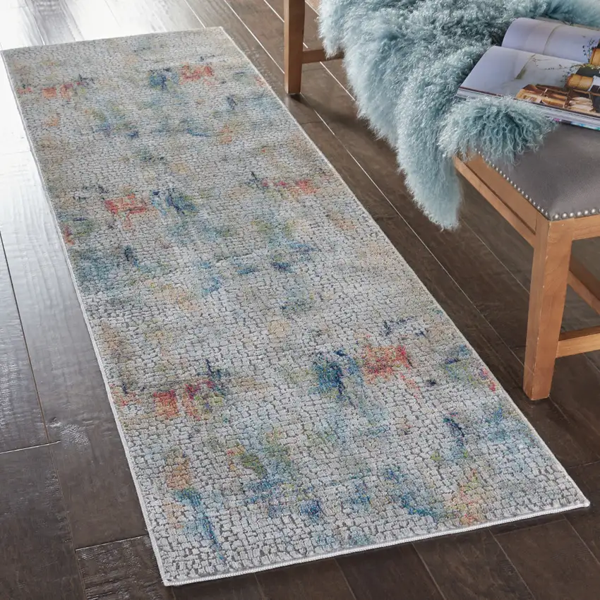 8' Ivory Blue and Gray Abstract Distressed Non Skid Runner Rug Photo 4