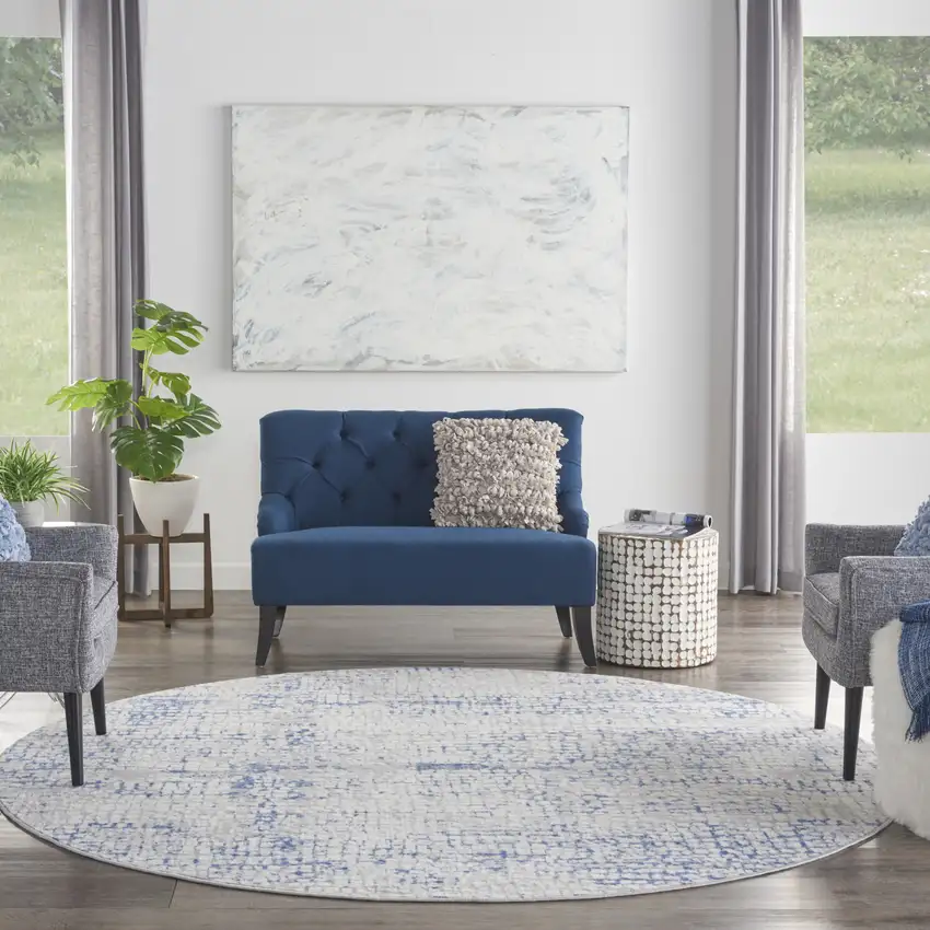 8' Ivory Blue and Gray Abstract Round Rug Photo 6