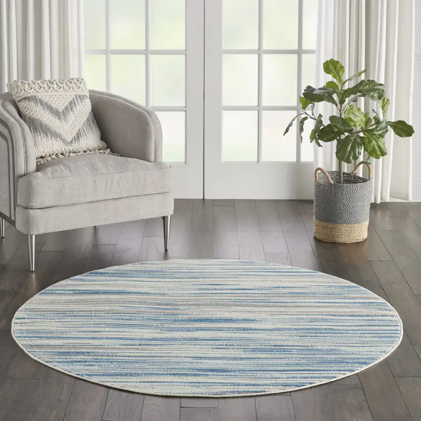 5' Ivory Blue and Gray Abstract Round Rug Photo 5