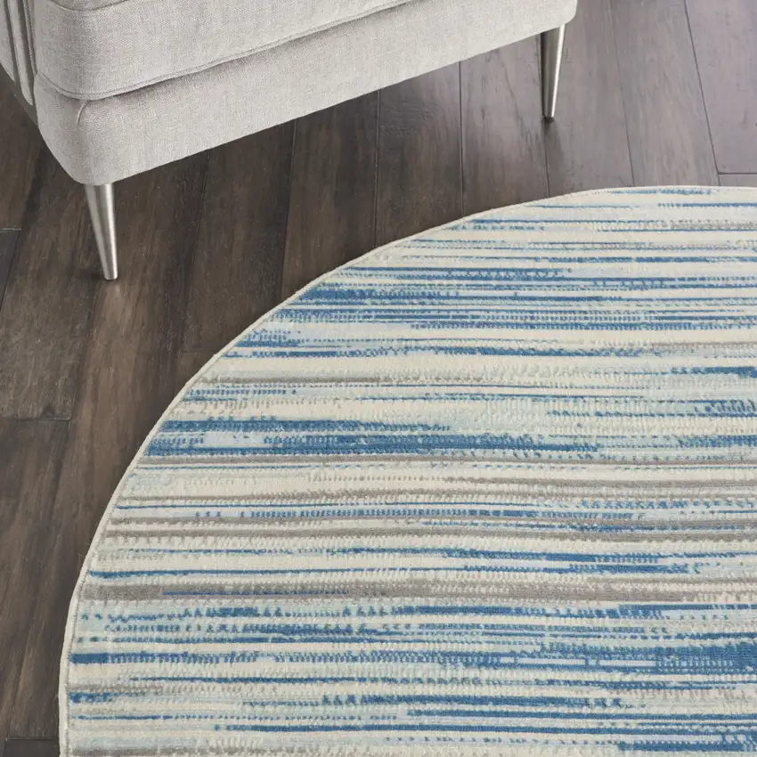5' Ivory Blue and Gray Abstract Round Rug Photo 8