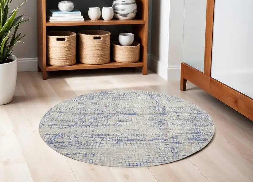 5' Ivory Blue and Gray Abstract Round Rug Photo 1