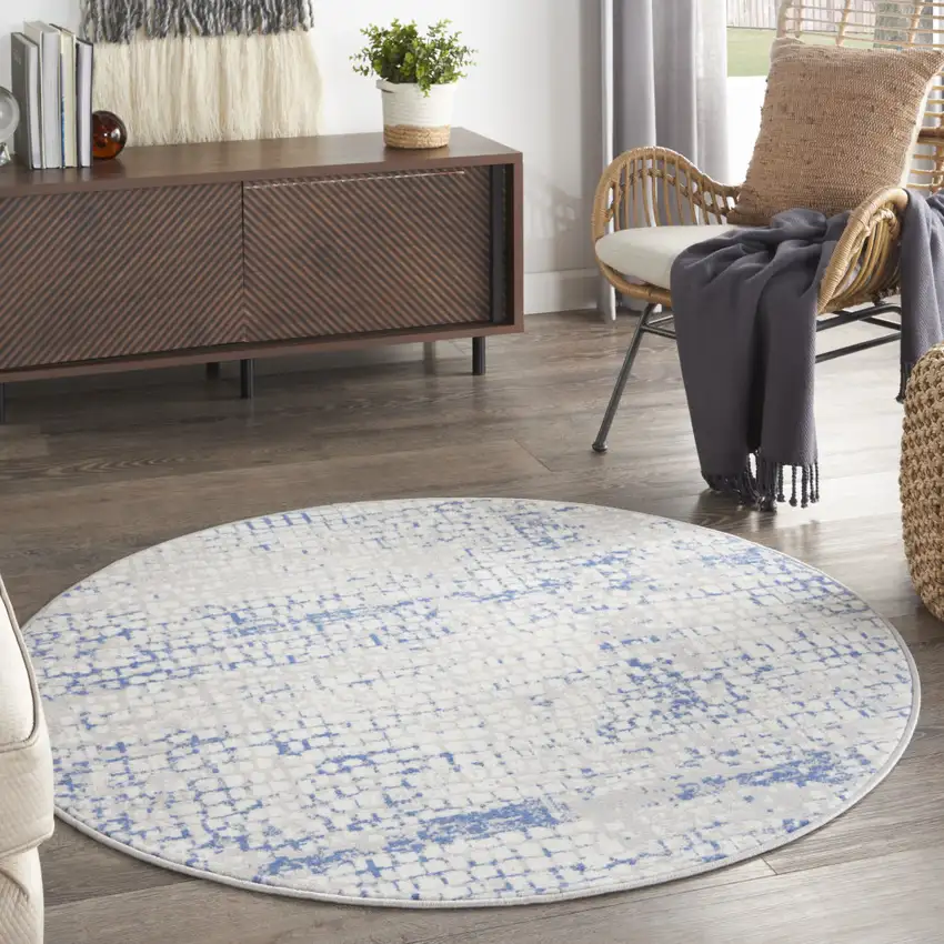 5' Ivory Blue and Gray Abstract Round Rug Photo 5