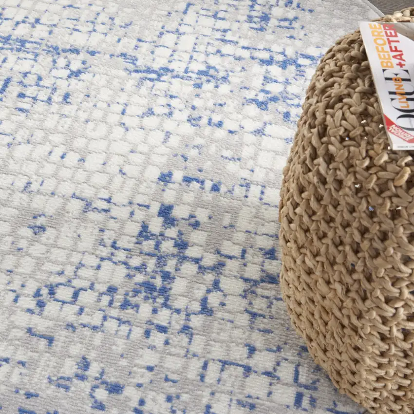5' Ivory Blue and Gray Abstract Round Rug Photo 8