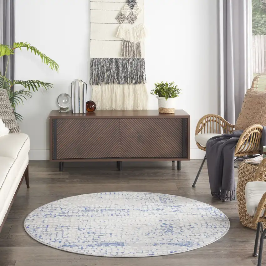 5' Ivory Blue and Gray Abstract Round Rug Photo 6