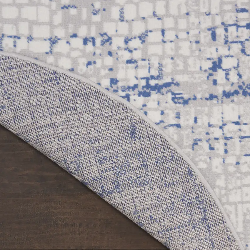 5' Ivory Blue and Gray Abstract Round Rug Photo 9
