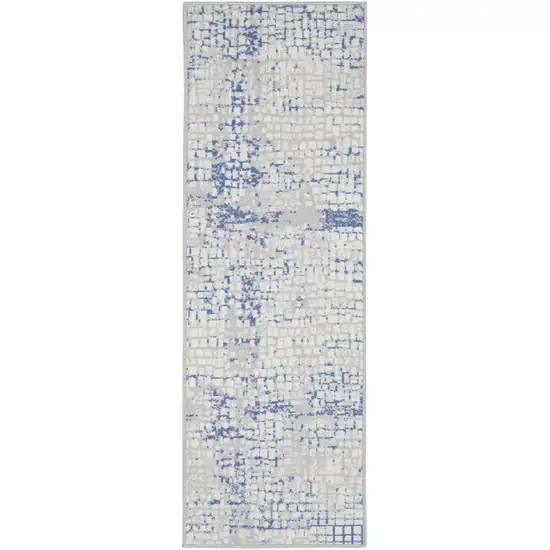 6' Ivory Blue and Gray Abstract Runner Rug Photo 1
