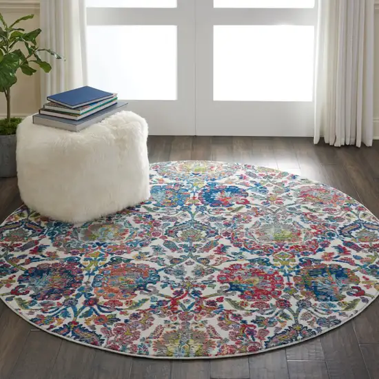 6' Ivory Blue and Gray Floral Distressed Non Skid Round Rug Photo 5