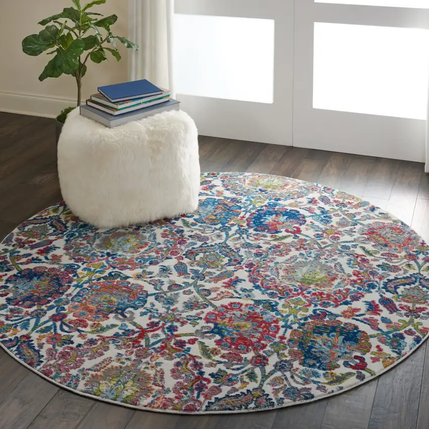 6' Ivory Blue and Gray Floral Distressed Non Skid Round Rug Photo 6