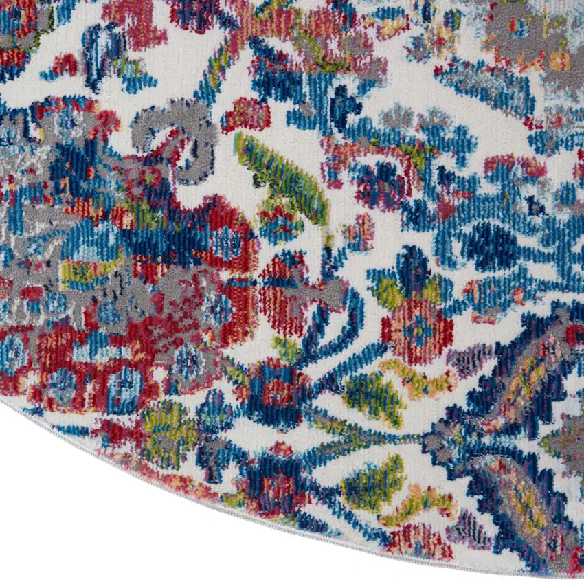 6' Ivory Blue and Gray Floral Distressed Non Skid Round Rug Photo 9