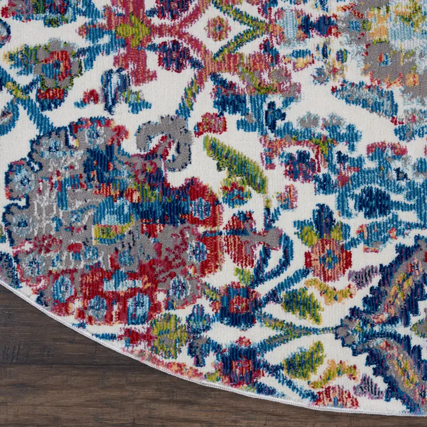 6' Ivory Blue and Gray Floral Distressed Non Skid Round Rug Photo 4