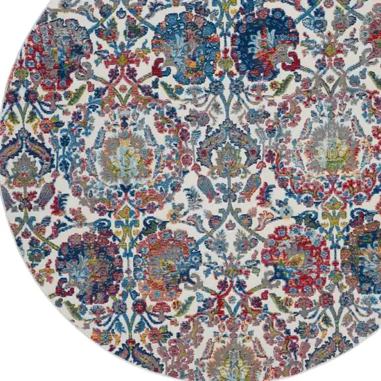 6' Ivory Blue and Gray Floral Distressed Non Skid Round Rug Photo 9