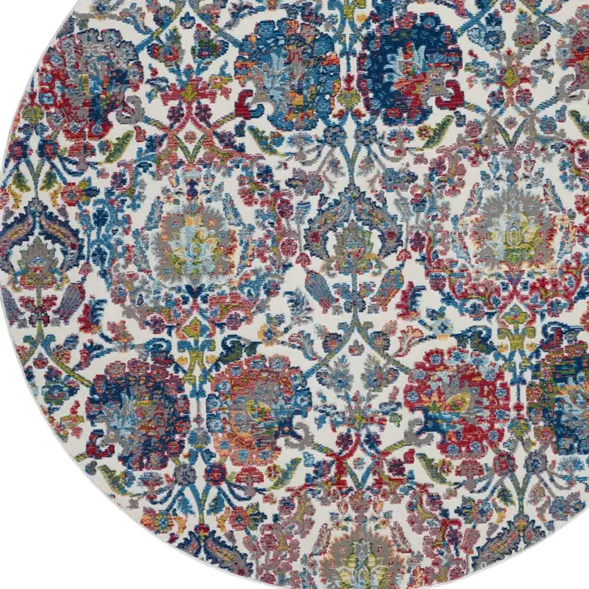 6' Ivory Blue and Gray Floral Distressed Non Skid Round Rug Photo 9
