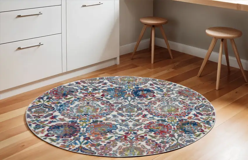 6' Ivory Blue and Gray Floral Distressed Non Skid Round Rug Photo 1