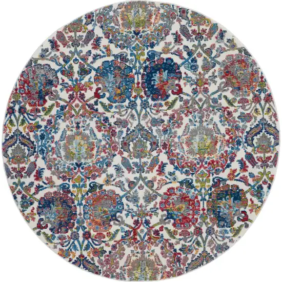 6' Ivory Blue and Gray Floral Distressed Non Skid Round Rug Photo 1