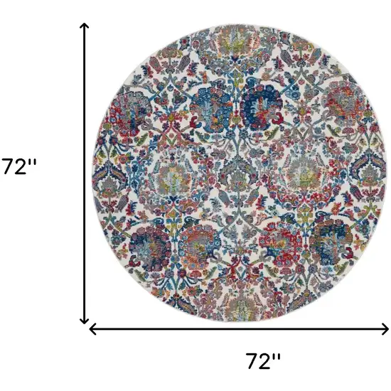6' Ivory Blue and Gray Floral Distressed Non Skid Round Rug Photo 3