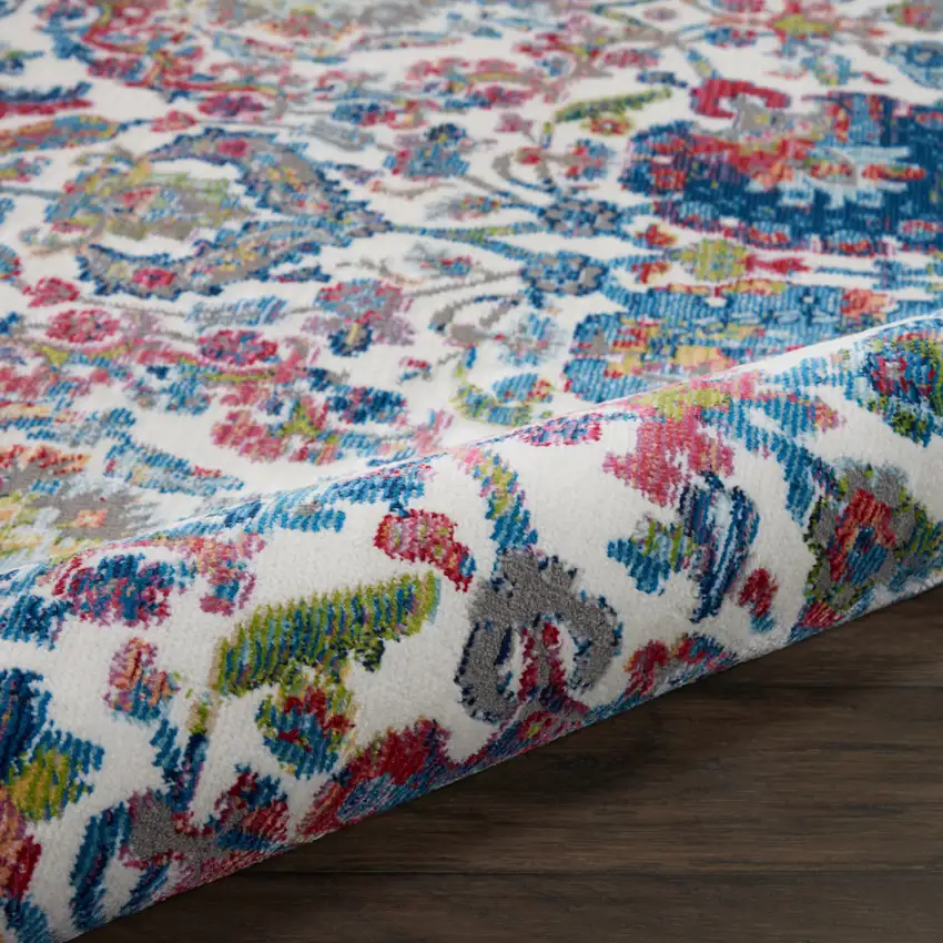 6' Ivory Blue and Gray Floral Distressed Non Skid Round Rug Photo 8