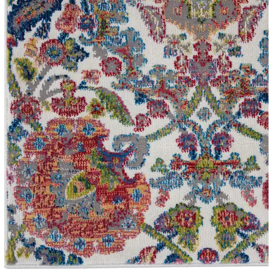 8' Ivory Blue and Gray Floral Distressed Non Skid Runner Rug Photo 5