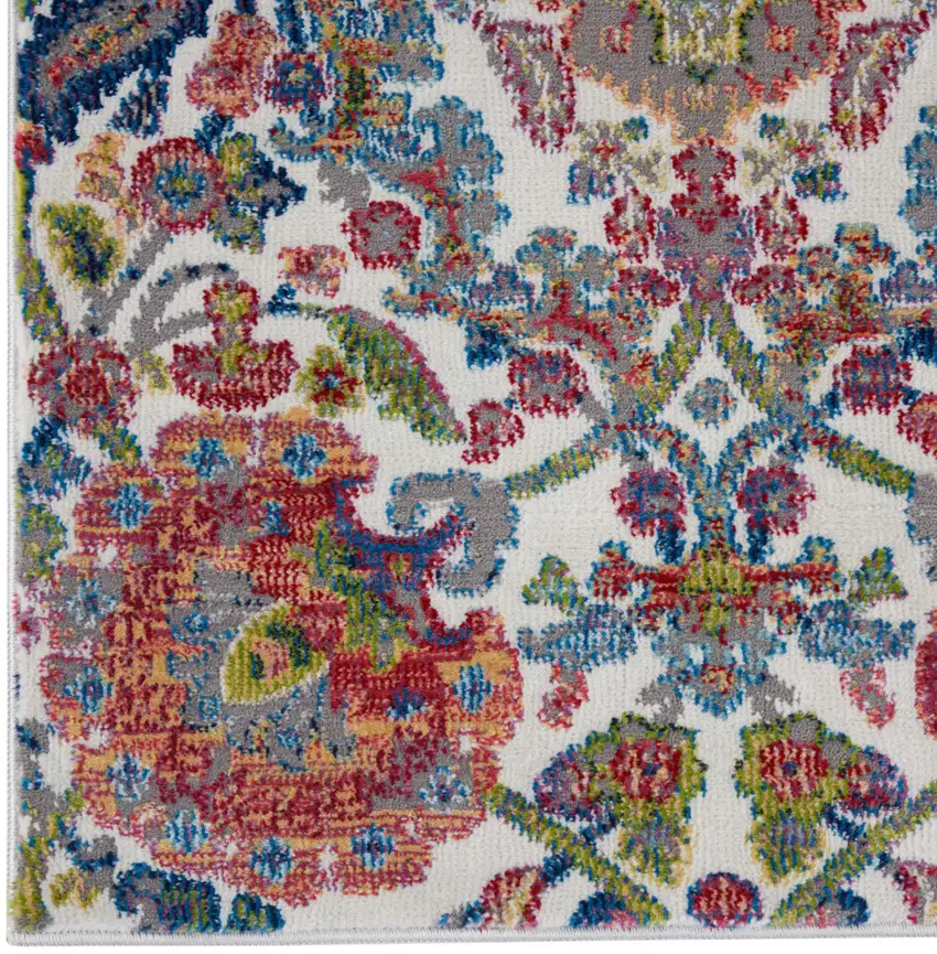 8' Ivory Blue and Gray Floral Distressed Non Skid Runner Rug Photo 5