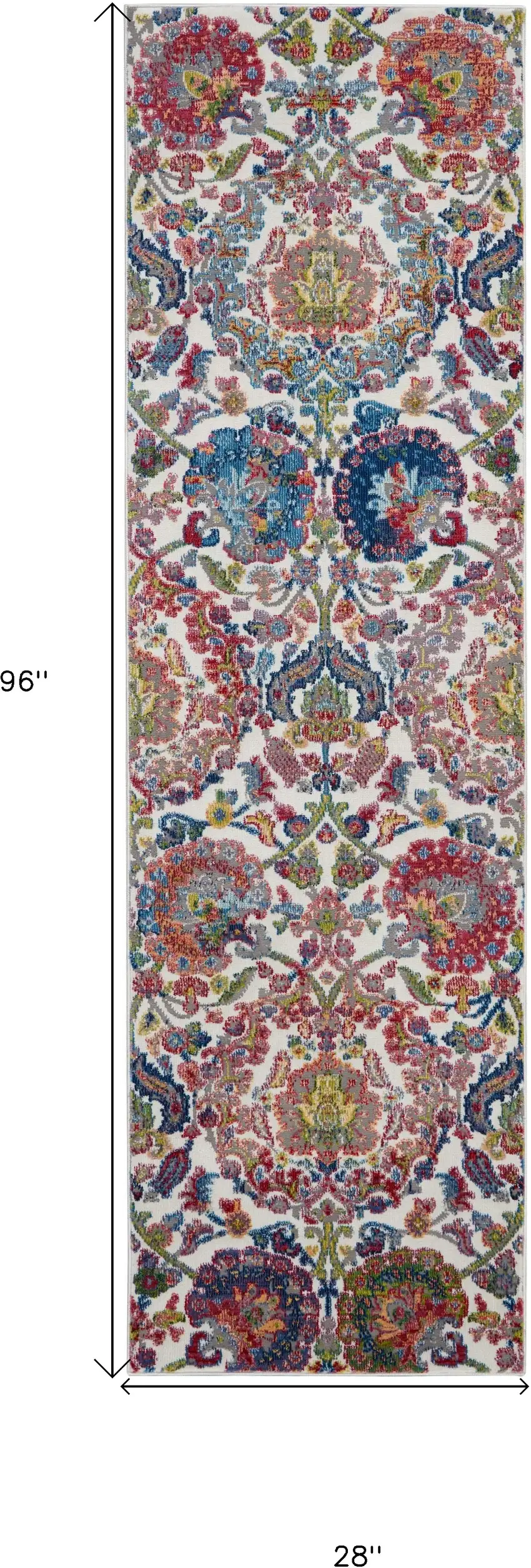 8' Ivory Blue and Gray Floral Distressed Non Skid Runner Rug Photo 3