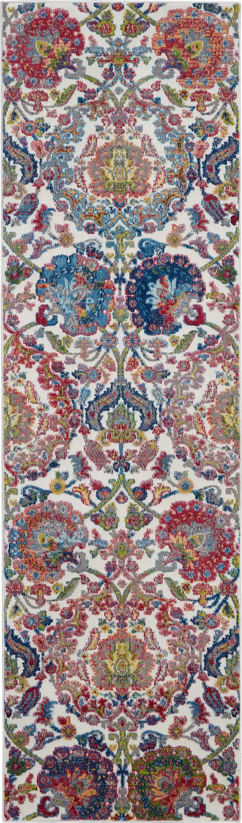 8' Ivory Blue and Gray Floral Distressed Non Skid Runner Rug Photo 2