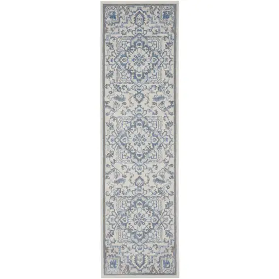 8' Ivory Blue and Gray Floral Non Skid Runner Rug Photo 1