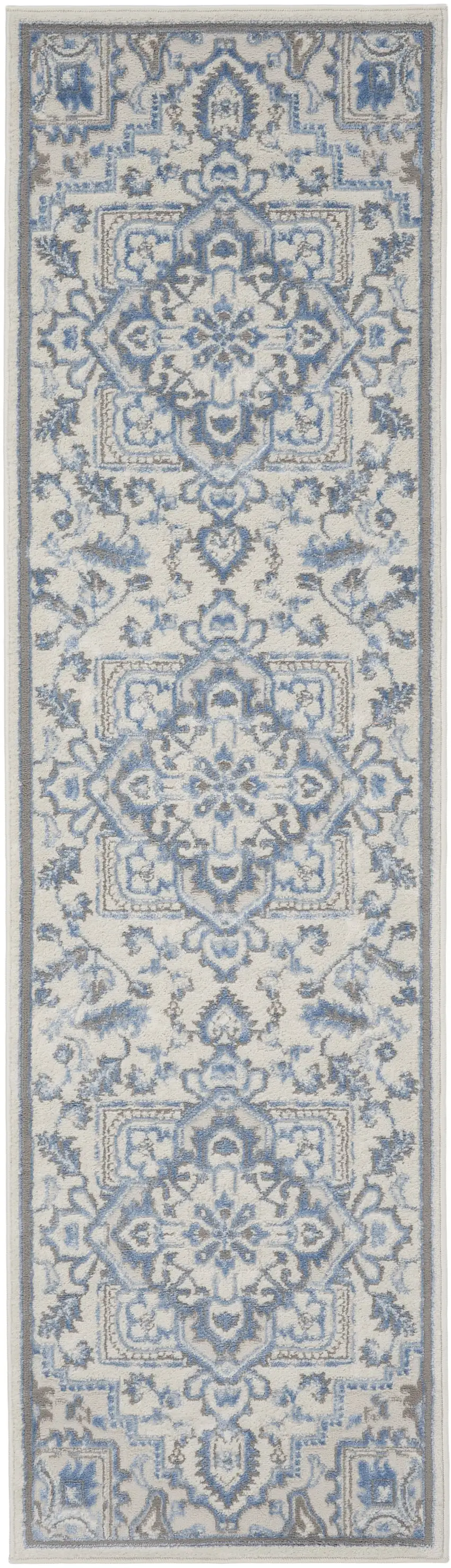 8' Ivory Blue and Gray Floral Non Skid Runner Rug Photo 1
