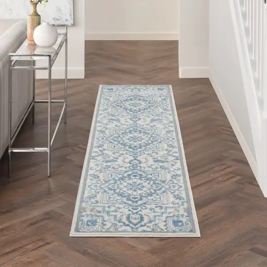 8' Ivory Blue and Gray Floral Non Skid Runner Rug Photo 3