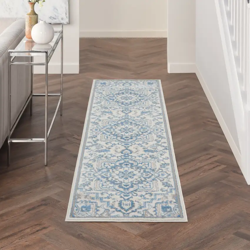 8' Ivory Blue and Gray Floral Non Skid Runner Rug Photo 3