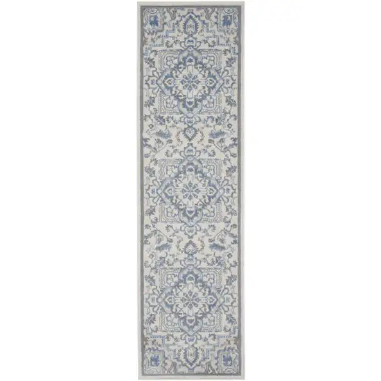 8' Ivory Blue and Gray Floral Non Skid Runner Rug Photo 2
