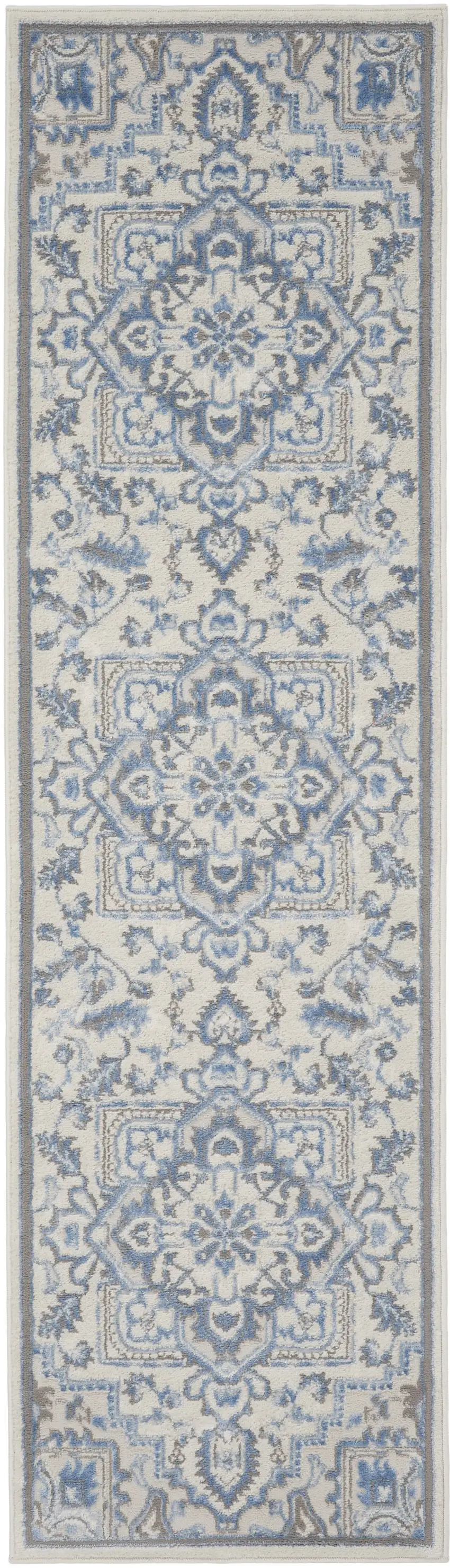 8' Ivory Blue and Gray Floral Non Skid Runner Rug Photo 2