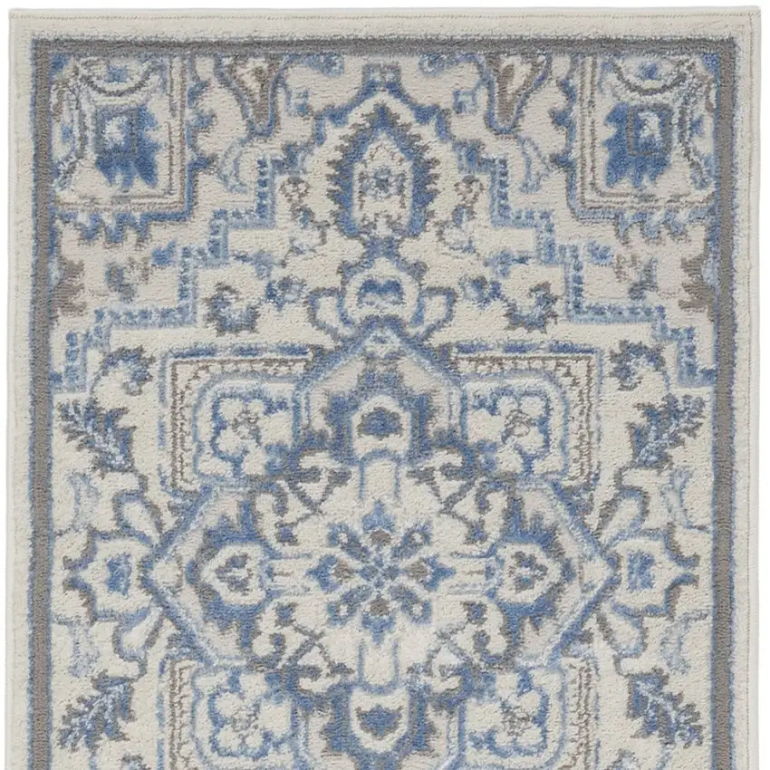 8' Ivory Blue and Gray Floral Non Skid Runner Rug Photo 7