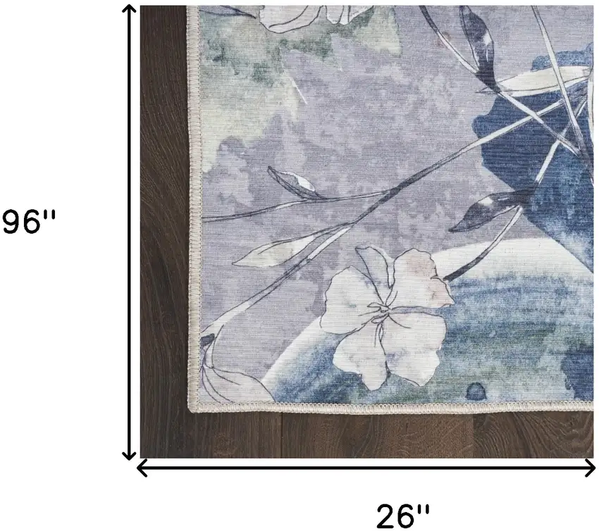 8' Ivory Blue and Gray Floral Power Loom Washable Non Skid Runner Rug Photo 6