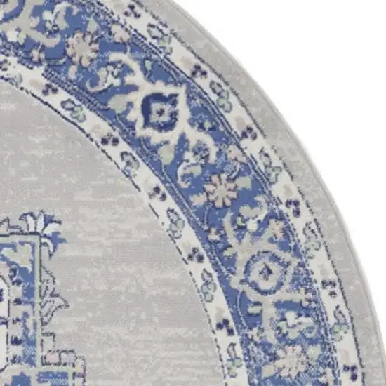 8' Ivory Blue and Gray Floral Round Rug Photo 7