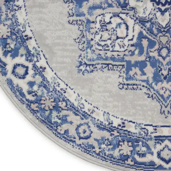 8' Ivory Blue and Gray Floral Round Rug Photo 9