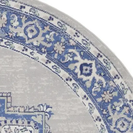 8' Ivory Blue and Gray Floral Round Rug Photo 3