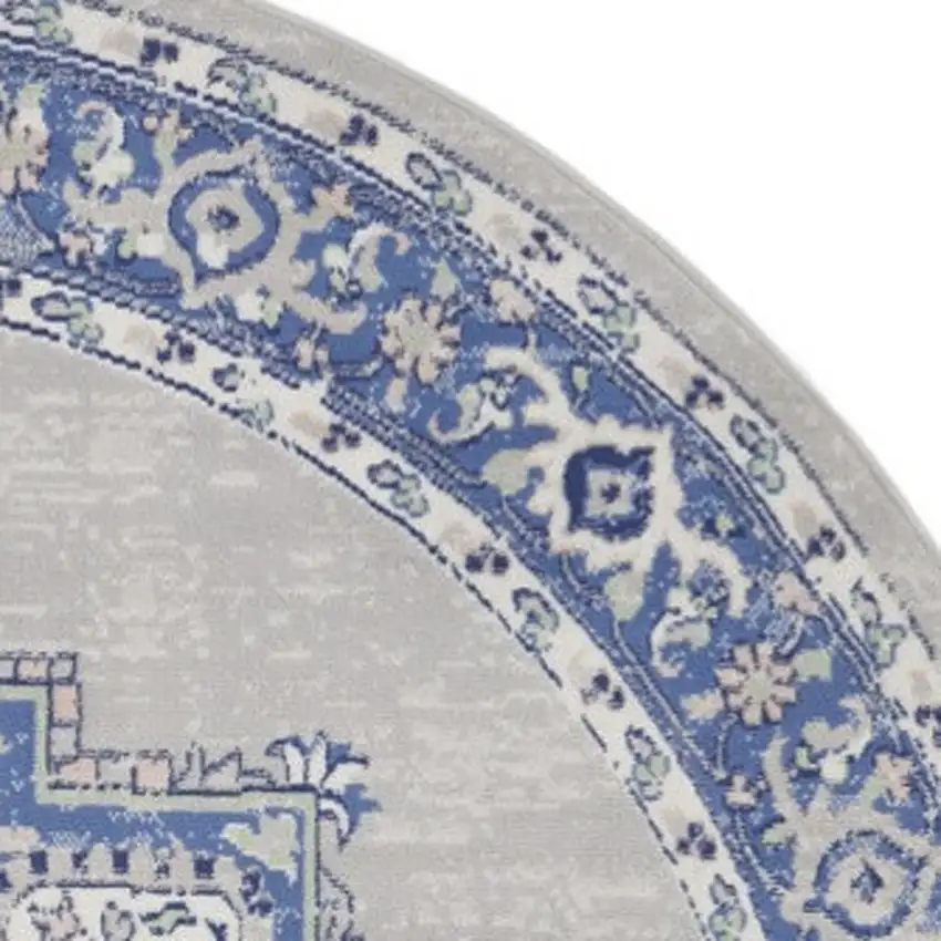 8' Ivory Blue and Gray Floral Round Rug Photo 3