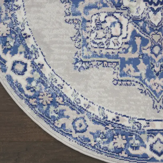 8' Ivory Blue and Gray Floral Round Rug Photo 4