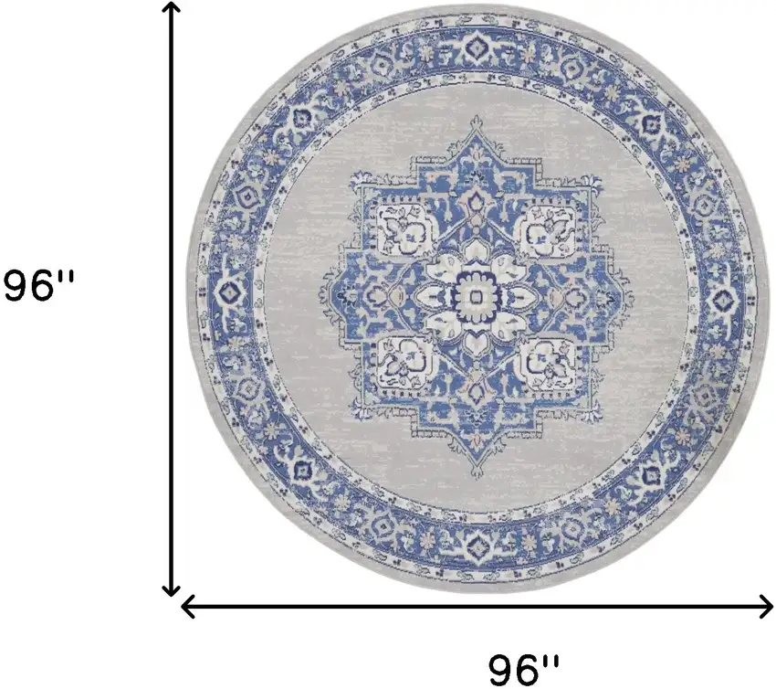 8' Ivory Blue and Gray Floral Round Rug Photo 3