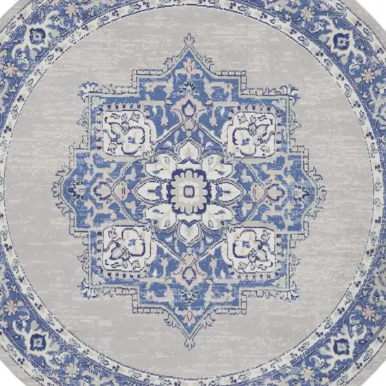 8' Ivory Blue and Gray Floral Round Rug Photo 5
