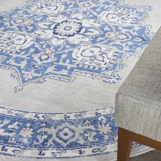 8' Ivory Blue and Gray Floral Round Rug Photo 7