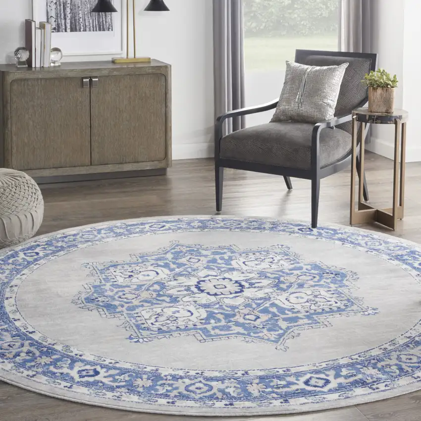 8' Ivory Blue and Gray Floral Round Rug Photo 8