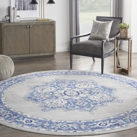 8' Ivory Blue and Gray Floral Round Rug Photo 8