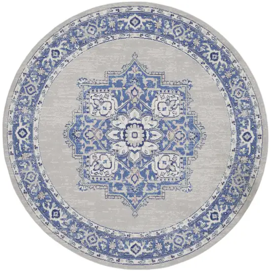 8' Ivory Blue and Gray Floral Round Rug Photo 4