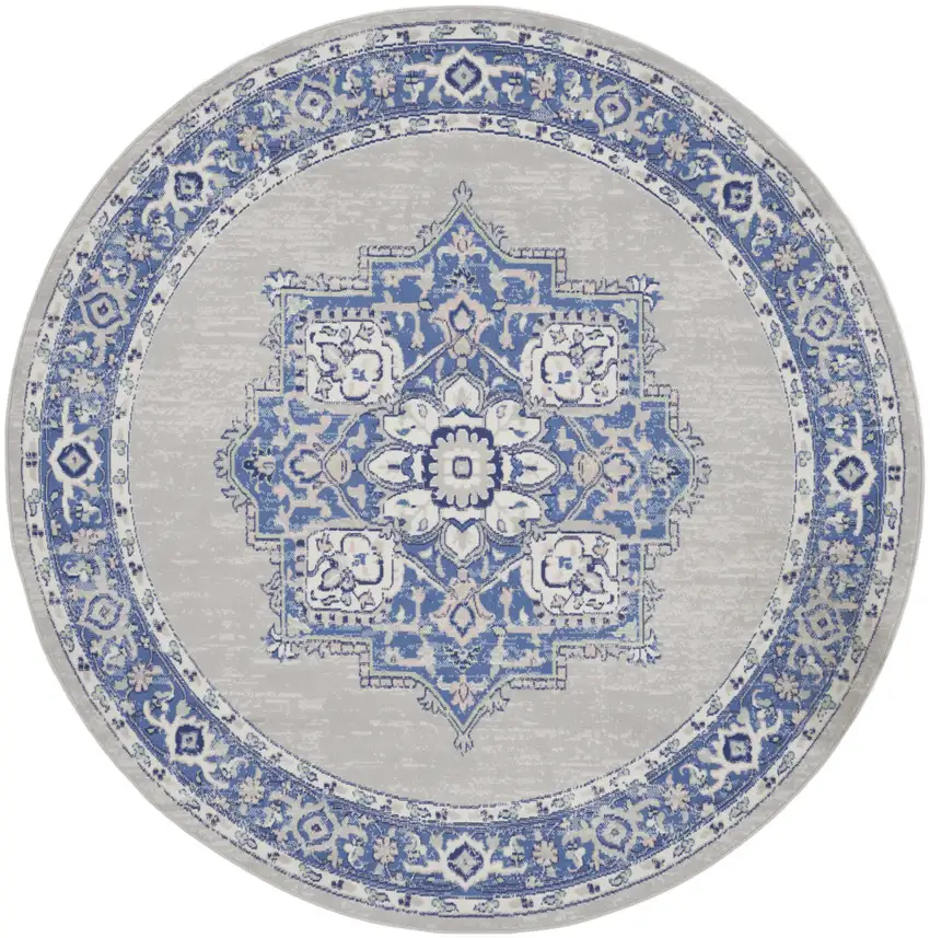 8' Ivory Blue and Gray Floral Round Rug Photo 4
