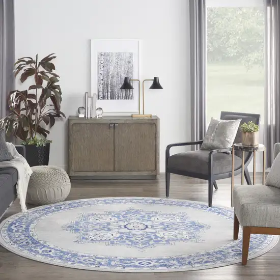 8' Ivory Blue and Gray Floral Round Rug Photo 6